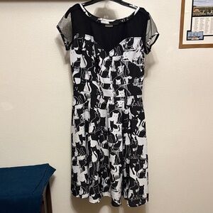 EShakti Black and White Cat Print Women’s Fit and Flare Dress Sz 12 🐈